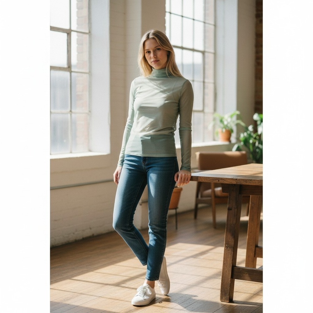 Calia Draped‎ Funnel Long Sleeve Women's L Smoked Turquoise Sheer Mesh Thumbhole